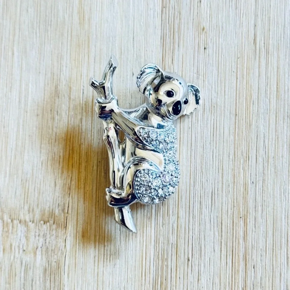 Swarovski Koala Pin Brooch Swan Signed Pave Crystal Rhinestone Silver Figural